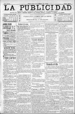 'La publicidad  : diario de avisos noticias y telegramas. Eco fiel de la opinión y verdadero defensor de los intereses morales y materiales de Granada y su provincia' - Año XVI Número 4241  - 1898 Marzo 09