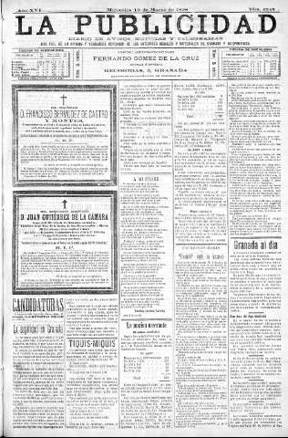 'La publicidad  : diario de avisos noticias y telegramas. Eco fiel de la opinión y verdadero defensor de los intereses morales y materiales de Granada y su provincia' - Año XVI Número 4248  - 1898 Marzo 16