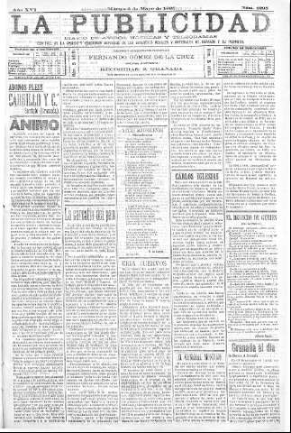 'La publicidad  : diario de avisos noticias y telegramas. Eco fiel de la opinión y verdadero defensor de los intereses morales y materiales de Granada y su provincia' - Año XVI Número 4295  - 1898 Mayo 03