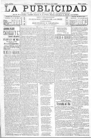 'La publicidad  : diario de avisos noticias y telegramas. Eco fiel de la opinión y verdadero defensor de los intereses morales y materiales de Granada y su provincia' - Año XVI Número 4328  - 1898 Junio 05