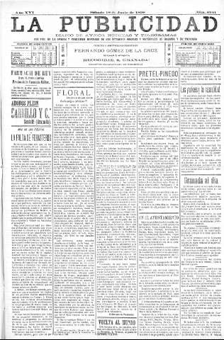 'La publicidad  : diario de avisos noticias y telegramas. Eco fiel de la opinión y verdadero defensor de los intereses morales y materiales de Granada y su provincia' - Año XVI Número 4341  - 1898 Junio 18
