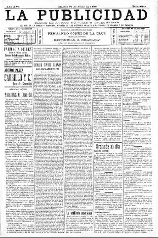 'La publicidad  : diario de avisos noticias y telegramas. Eco fiel de la opinión y verdadero defensor de los intereses morales y materiales de Granada y su provincia' - Año XVI Número 4344  - 1898 Junio 21