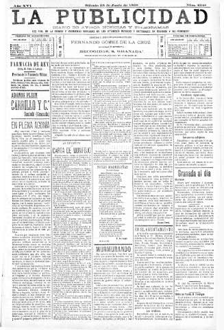 'La publicidad  : diario de avisos noticias y telegramas. Eco fiel de la opinión y verdadero defensor de los intereses morales y materiales de Granada y su provincia' - Año XVI Número 4348  - 1898 Junio 25