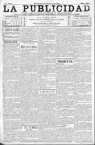 'La publicidad  : diario de avisos noticias y telegramas. Eco fiel de la opinión y verdadero defensor de los intereses morales y materiales de Granada y su provincia' - Año XVI Número 4387  - 1898 Agosto 03