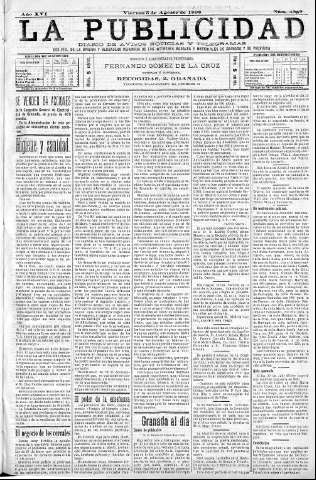 'La publicidad  : diario de avisos noticias y telegramas. Eco fiel de la opinión y verdadero defensor de los intereses morales y materiales de Granada y su provincia' - Año XVI Número 4389  - 1898 Agosto 05