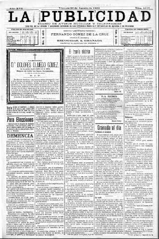 'La publicidad  : diario de avisos noticias y telegramas. Eco fiel de la opinión y verdadero defensor de los intereses morales y materiales de Granada y su provincia' - Año XVI Número 4410  - 1898 Agosto 26