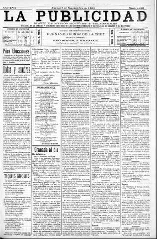'La publicidad  : diario de avisos noticias y telegramas. Eco fiel de la opinión y verdadero defensor de los intereses morales y materiales de Granada y su provincia' - Año XVI Número 4423  - 1898 Septiembre 08