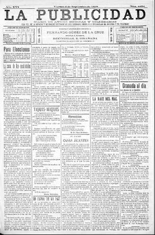 'La publicidad  : diario de avisos noticias y telegramas. Eco fiel de la opinión y verdadero defensor de los intereses morales y materiales de Granada y su provincia' - Año XVI Número 4424  - 1898 Septiembre 09