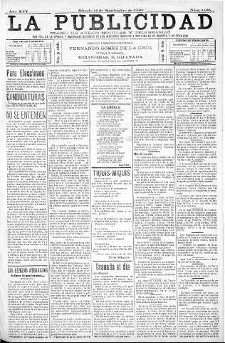 'La publicidad  : diario de avisos noticias y telegramas. Eco fiel de la opinión y verdadero defensor de los intereses morales y materiales de Granada y su provincia' - Año XVI Número 4425  - 1898 Septiembre 10