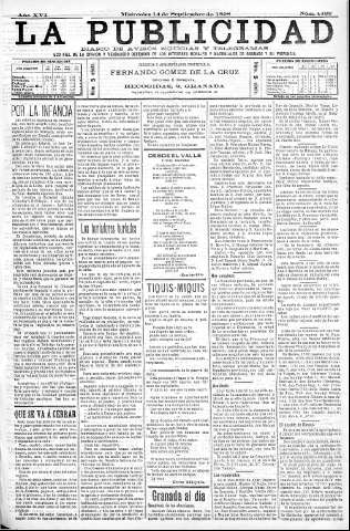 'La publicidad  : diario de avisos noticias y telegramas. Eco fiel de la opinión y verdadero defensor de los intereses morales y materiales de Granada y su provincia' - Año XVI Número 4429  - 1898 Septiembre 14