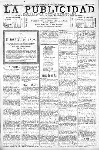 'La publicidad  : diario de avisos noticias y telegramas. Eco fiel de la opinión y verdadero defensor de los intereses morales y materiales de Granada y su provincia' - Año XVI Número 4435  - 1898 Septiembre 20