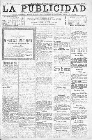 'La publicidad  : diario de avisos noticias y telegramas. Eco fiel de la opinión y verdadero defensor de los intereses morales y materiales de Granada y su provincia' - Año XVI Número 4441  - 1898 Septiembre 26