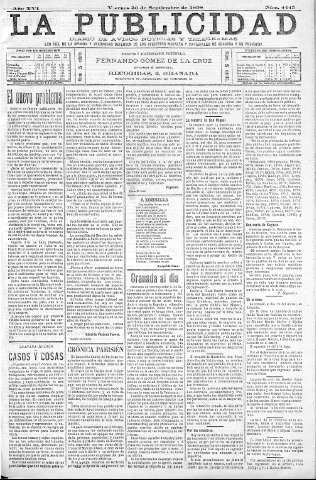 'La publicidad  : diario de avisos noticias y telegramas. Eco fiel de la opinión y verdadero defensor de los intereses morales y materiales de Granada y su provincia' - Año XVI Número 4445  - 1898 Septiembre 30