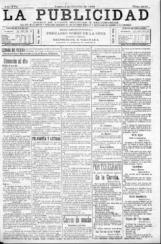'La publicidad  : diario de avisos noticias y telegramas. Eco fiel de la opinión y verdadero defensor de los intereses morales y materiales de Granada y su provincia' - Año XVI Número 4448  - 1898 Octubre 03