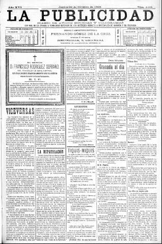 'La publicidad  : diario de avisos noticias y telegramas. Eco fiel de la opinión y verdadero defensor de los intereses morales y materiales de Granada y su provincia' - Año XVI Número 4465  - 1898 Octubre 20