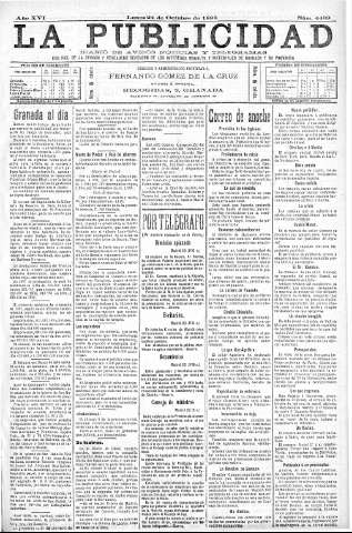 'La publicidad  : diario de avisos noticias y telegramas. Eco fiel de la opinión y verdadero defensor de los intereses morales y materiales de Granada y su provincia' - Año XVI Número 4469  - 1898 Octubre 24