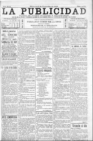 'La publicidad  : diario de avisos noticias y telegramas. Eco fiel de la opinión y verdadero defensor de los intereses morales y materiales de Granada y su provincia' - Año XVI Número 4478  - 1898 Noviembre 02
