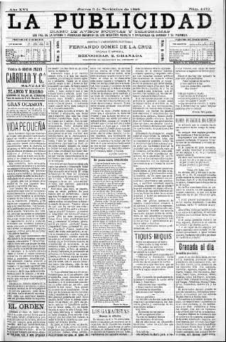 'La publicidad  : diario de avisos noticias y telegramas. Eco fiel de la opinión y verdadero defensor de los intereses morales y materiales de Granada y su provincia' - Año XVI Número 4479  - 1898 Noviembre 03