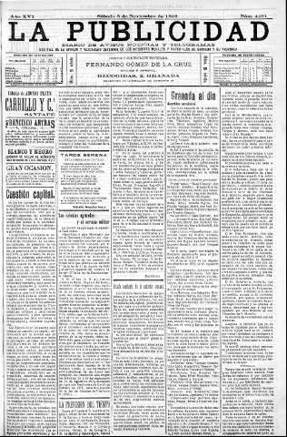 'La publicidad  : diario de avisos noticias y telegramas. Eco fiel de la opinión y verdadero defensor de los intereses morales y materiales de Granada y su provincia' - Año XVI Número 4481  - 1898 Noviembre 05