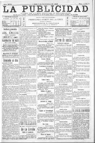 'La publicidad  : diario de avisos noticias y telegramas. Eco fiel de la opinión y verdadero defensor de los intereses morales y materiales de Granada y su provincia' - Año XVI Número 4483  - 1898 Noviembre 07