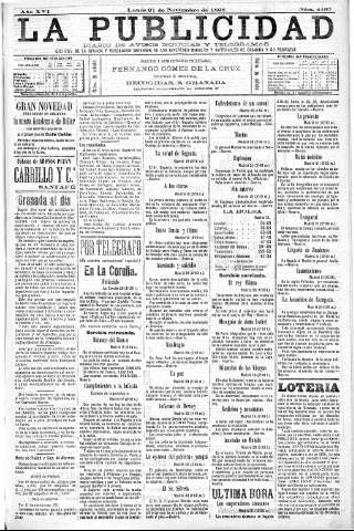 'La publicidad  : diario de avisos noticias y telegramas. Eco fiel de la opinión y verdadero defensor de los intereses morales y materiales de Granada y su provincia' - Año XVI Número 4497  - 1898 Noviembre 21
