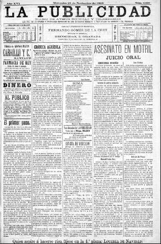 'La publicidad  : diario de avisos noticias y telegramas. Eco fiel de la opinión y verdadero defensor de los intereses morales y materiales de Granada y su provincia' - Año XVI Número 4499  - 1898 Noviembre 23