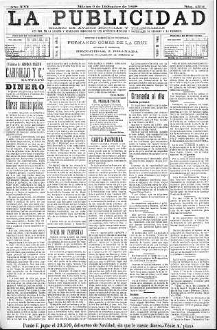 'La publicidad  : diario de avisos noticias y telegramas. Eco fiel de la opinión y verdadero defensor de los intereses morales y materiales de Granada y su provincia' - Año XVI Número 4512  - 1898 Diciembre 06