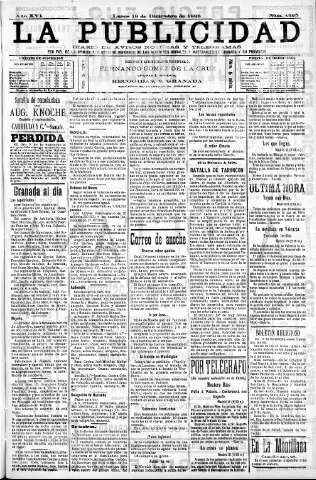 'La publicidad  : diario de avisos noticias y telegramas. Eco fiel de la opinión y verdadero defensor de los intereses morales y materiales de Granada y su provincia' - Año XVI Número 4525  - 1898 Diciembre 19