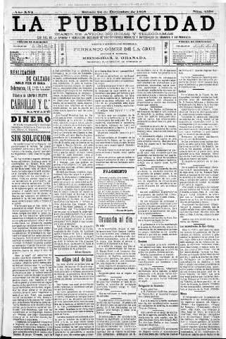 'La publicidad  : diario de avisos noticias y telegramas. Eco fiel de la opinión y verdadero defensor de los intereses morales y materiales de Granada y su provincia' - Año XVI Número 4530  - 1898 Diciembre 24