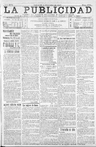'La publicidad  : diario de avisos noticias y telegramas. Eco fiel de la opinión y verdadero defensor de los intereses morales y materiales de Granada y su provincia' - Año XVI Número 4534  - 1898 Diciembre 29