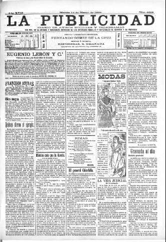 'La publicidad  : diario de avisos noticias y telegramas. Eco fiel de la opinión y verdadero defensor de los intereses morales y materiales de Granada y su provincia' - Año XVII Número 4609  - 1899 Marzo 14