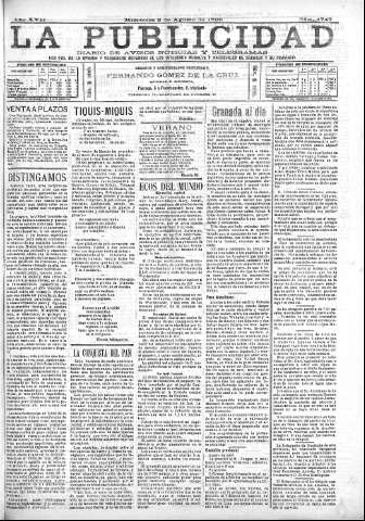 'La publicidad  : diario de avisos noticias y telegramas. Eco fiel de la opinión y verdadero defensor de los intereses morales y materiales de Granada y su provincia' - Año XVII Número 4747  - 1899 Agosto 02