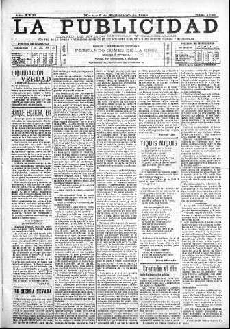 'La publicidad  : diario de avisos noticias y telegramas. Eco fiel de la opinión y verdadero defensor de los intereses morales y materiales de Granada y su provincia' - Año XVII Número 4781  - 1899 Septiembre 05
