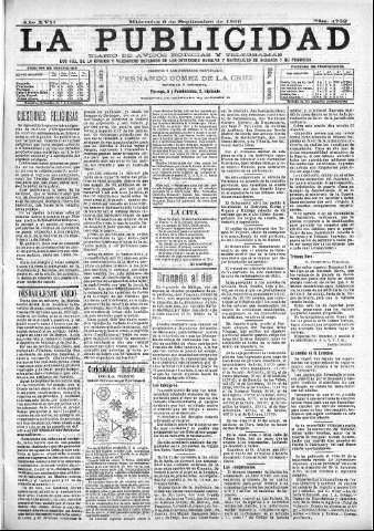 'La publicidad  : diario de avisos noticias y telegramas. Eco fiel de la opinión y verdadero defensor de los intereses morales y materiales de Granada y su provincia' - Año XVII Número 4782  - 1899 Septiembre 06