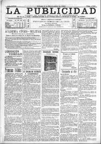 'La publicidad  : diario de avisos noticias y telegramas. Eco fiel de la opinión y verdadero defensor de los intereses morales y materiales de Granada y su provincia' - Año XVII Número 4785  - 1899 Septiembre 09