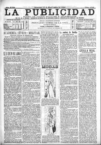 'La publicidad  : diario de avisos noticias y telegramas. Eco fiel de la opinión y verdadero defensor de los intereses morales y materiales de Granada y su provincia' - Año XVII Número 4793  - 1899 Septiembre 17