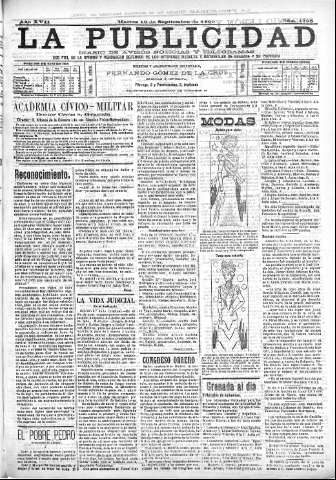 'La publicidad  : diario de avisos noticias y telegramas. Eco fiel de la opinión y verdadero defensor de los intereses morales y materiales de Granada y su provincia' - Año XVII Número 4795  - 1899 Septiembre 19