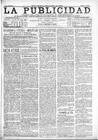 'La publicidad  : diario de avisos noticias y telegramas. Eco fiel de la opinión y verdadero defensor de los intereses morales y materiales de Granada y su provincia' - Año XVII Número 4796  - 1899 Septiembre 20