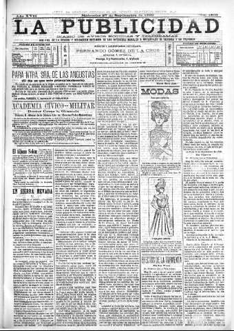 'La publicidad  : diario de avisos noticias y telegramas. Eco fiel de la opinión y verdadero defensor de los intereses morales y materiales de Granada y su provincia' - Año XVII Número 4803  - 1899 Septiembre 27