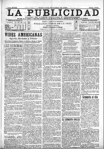'La publicidad  : diario de avisos noticias y telegramas. Eco fiel de la opinión y verdadero defensor de los intereses morales y materiales de Granada y su provincia' - Año XVII Número 4839  - 1899 Noviembre 02