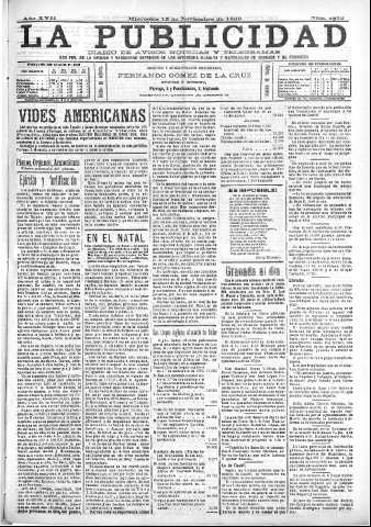 'La publicidad  : diario de avisos noticias y telegramas. Eco fiel de la opinión y verdadero defensor de los intereses morales y materiales de Granada y su provincia' - Año XVII Número 4852  - 1899 Noviembre 15