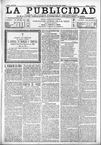 'La publicidad  : diario de avisos noticias y telegramas. Eco fiel de la opinión y verdadero defensor de los intereses morales y materiales de Granada y su provincia' - Año XVII Número 4854  - 1899 Noviembre 17