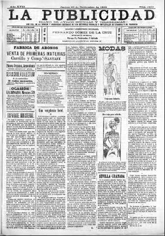 'La publicidad  : diario de avisos noticias y telegramas. Eco fiel de la opinión y verdadero defensor de los intereses morales y materiales de Granada y su provincia' - Año XVII Número 4860  - 1899 Noviembre 23