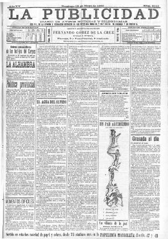 'La publicidad  : diario de avisos noticias y telegramas. Eco fiel de la opinión y verdadero defensor de los intereses morales y materiales de Granada y su provincia' - Año XX Número 5010  - 1900 Mayo 13