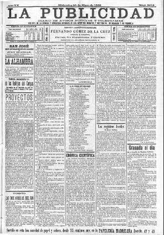 'La publicidad  : diario de avisos noticias y telegramas. Eco fiel de la opinión y verdadero defensor de los intereses morales y materiales de Granada y su provincia' - Año XX Número 5019  - 1900 Mayo 23