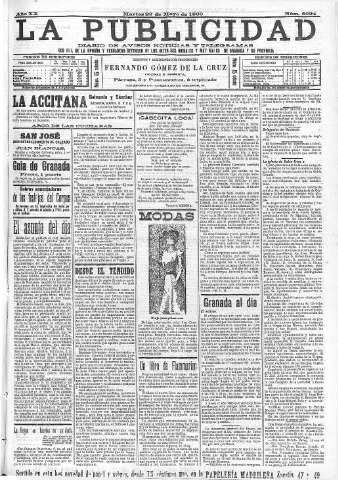 'La publicidad  : diario de avisos noticias y telegramas. Eco fiel de la opinión y verdadero defensor de los intereses morales y materiales de Granada y su provincia' - Año XX Número 5024  - 1900 Mayo 29