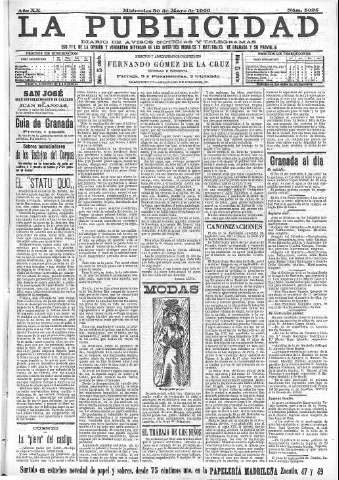 'La publicidad  : diario de avisos noticias y telegramas. Eco fiel de la opinión y verdadero defensor de los intereses morales y materiales de Granada y su provincia' - Año XX Número 5025  - 1900 Mayo 30