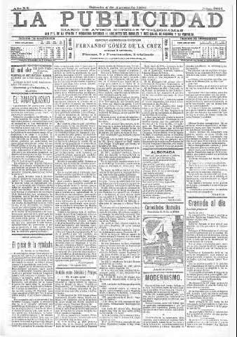'La publicidad  : diario de avisos noticias y telegramas. Eco fiel de la opinión y verdadero defensor de los intereses morales y materiales de Granada y su provincia' - Año XX Número 5081  - 1900 Agosto 04