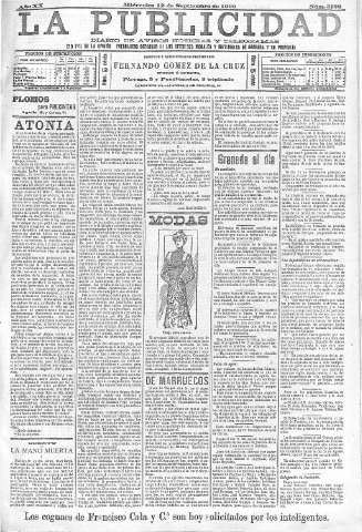'La publicidad  : diario de avisos noticias y telegramas. Eco fiel de la opinión y verdadero defensor de los intereses morales y materiales de Granada y su provincia' - Año XX Número 5132  - 1900 Septiembre 12