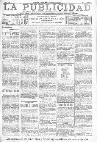 'La publicidad  : diario de avisos noticias y telegramas. Eco fiel de la opinión y verdadero defensor de los intereses morales y materiales de Granada y su provincia' - Año XX Número 5133  - 1900 Septiembre 13